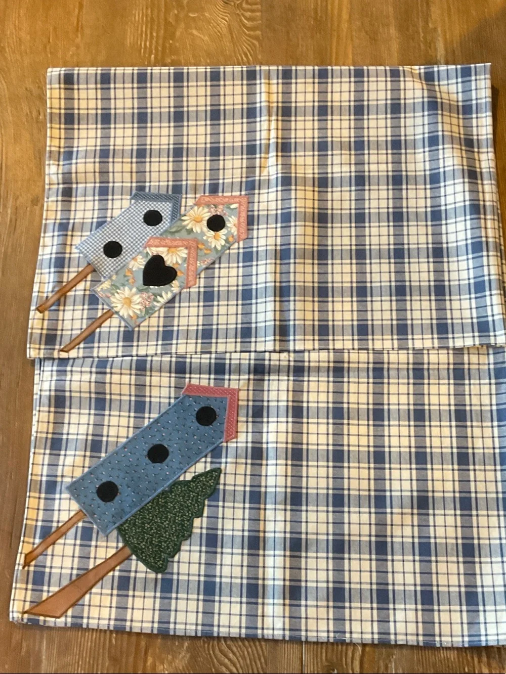 Handmade Blue Plaid Table Runner with Appliqué Birdhouses on each corner 45x45”
